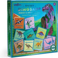 Shiny Dinosaur Memory and Matching Game promotes memory and matching skills while teaching children about dinosaurs and how to pronounce their names! Twenty-four different dinosaur illustrations are depicted on sturdy tiles. Each tile shines with a foil embellishment and is color coordinated to aid in identifying each prehistoric animal. A great skill-building game that can be played alone or with others. This memory and matching game will delight children while they practice focus and engage their memory. Skills: Sharpens recognition, concentration, and memory skills. Age: 3+ Players: 1-4 Tile Size: 24 matching pairs, 2.25" x 2.25" Box dimension: 9.5" x 9.5" x 1.5" Illustrator: Monika Forsberg