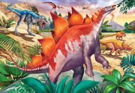 It’s mealtime for herbivores and carnivores in our imaginative “Jurassic Wildlife” puzzle! Our inventive illustrations combine dinosaurs and wildlife from several epochs, illustrating their different eating habits! An herbivorous Stegosaurus reaches for a tasty leaf, while the bluish Piatnitzkysaurus and Triceratops search for a meal and Pterodactyl keep watch from above. In the second scene, an unfortunate Megatherium (related to today’s sloths) may become a meal for the carnivorous Smilodon (aka saber-toothed tigers) as Woolly mammoth roam the land. It’s roaring good puzzling fun! Puzzles help develop hand-eye coordination, fine motor skills and problem-solving through repeated practice! Both of these 24-piece puzzles have extra-large, durable pieces little hands can easily hold on to for lots of repeat fun and come with handy, full-size picture guides! Clean-cut pieces and Ravensburger’s tight interlocking fit provide a pleasurable puzzling experience for children and their adult helpers alike. With piece counts children can grow with, our Perfect Age Fit criteria ensures this puzzle is fun and educational for ages 4 and up! Finished puzzles each measure approximately 10 x 7 inches (26 x 18 cm).